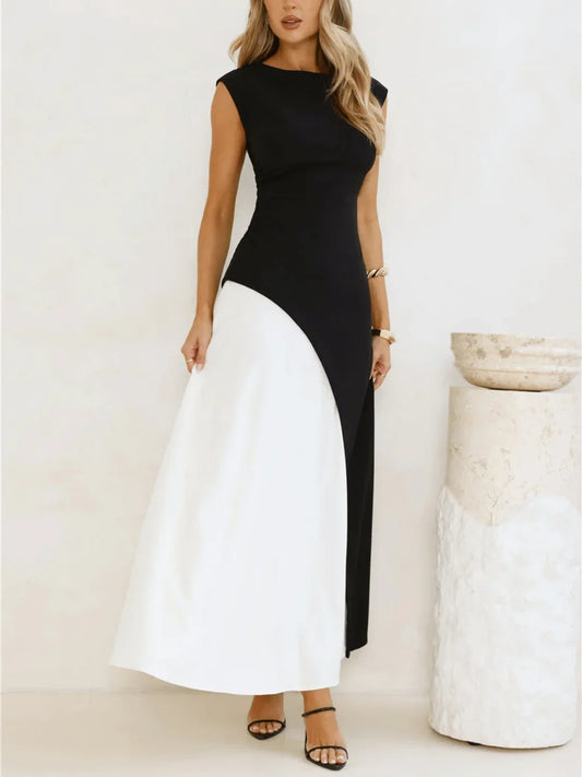 Vestido Longo Sem Mangas com Design Bicolor Diagonal Elegante - Alane