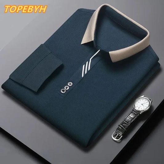 Polo masculina de manga comprida com gola virada para baixo