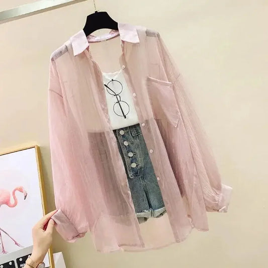 Camisa elegante perspectiva fina chiffon blusa coreano