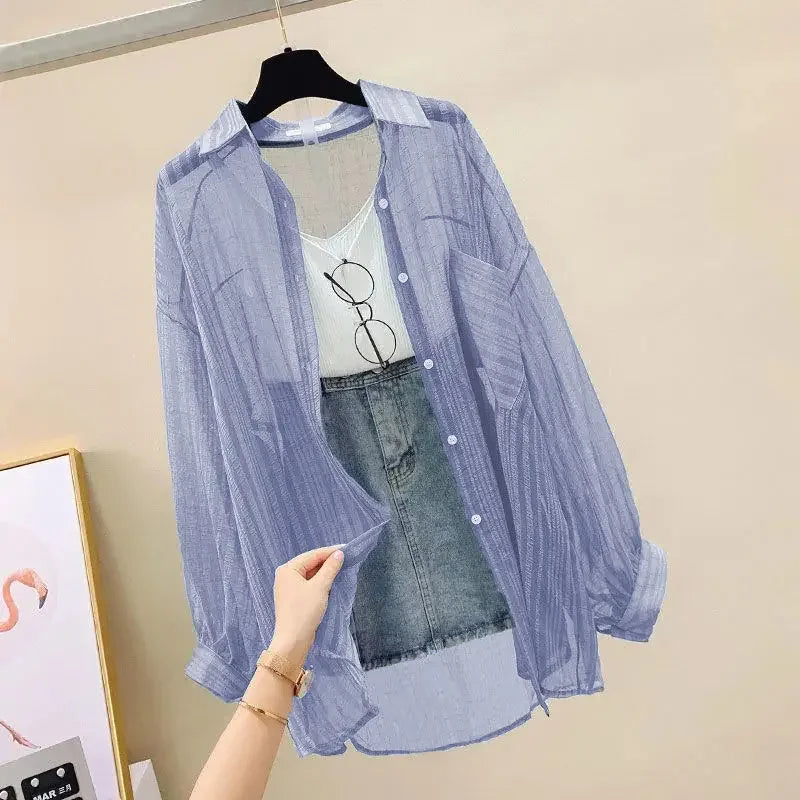 Camisa elegante perspectiva fina chiffon blusa coreano