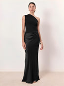 Vestido Longo Acinturado Acetinado Decote Diagonal e Ombro Único – Mirela