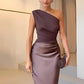 Vestido Longo Acinturado Acetinado Decote Diagonal e Ombro Único – Mirela