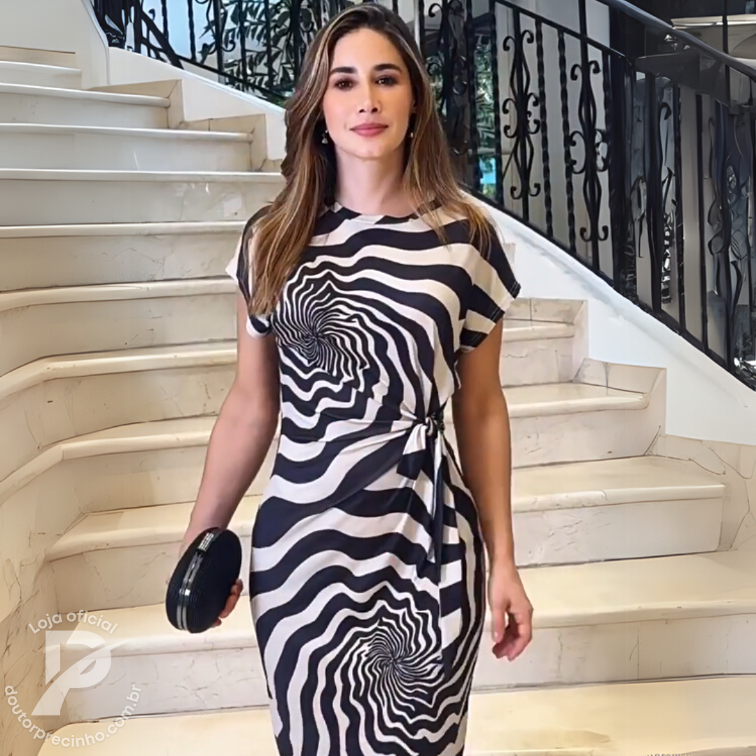 Vestido Midi Eveline - Estampa Óptica e Cintura Ajustável