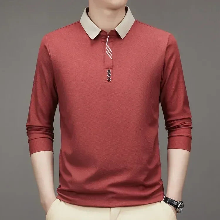 Polo masculina de manga comprida com gola virada para baixo