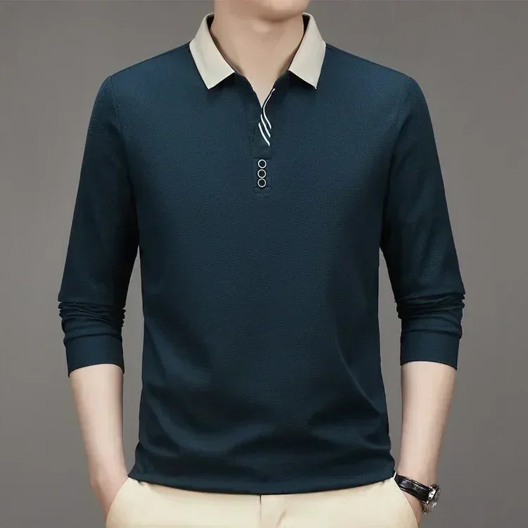 Polo masculina de manga comprida com gola virada para baixo