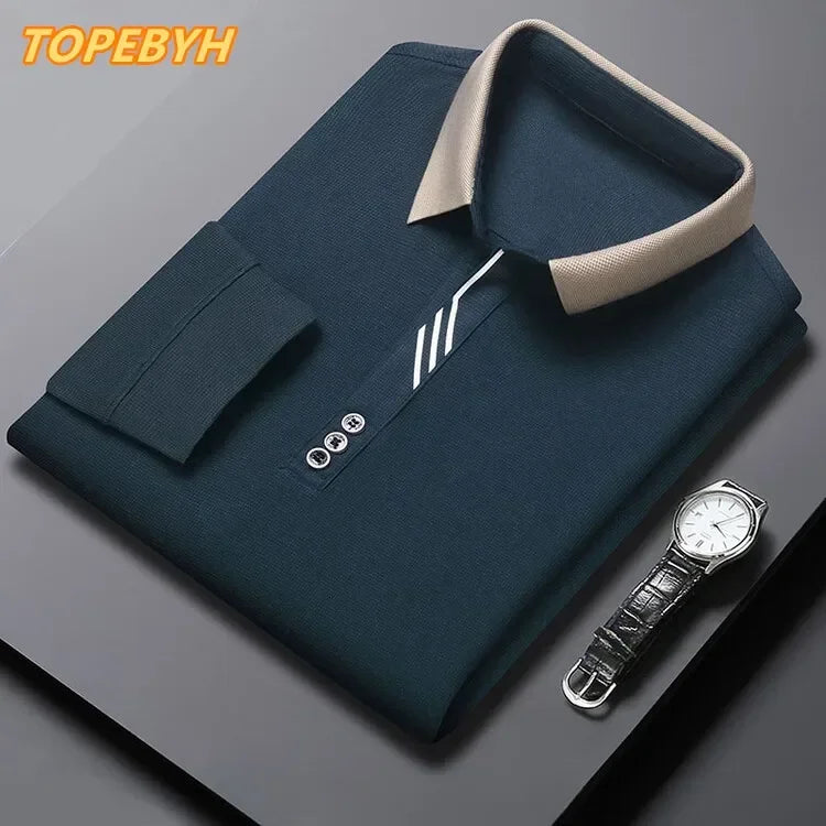 Polo masculina de manga comprida com gola virada para baixo