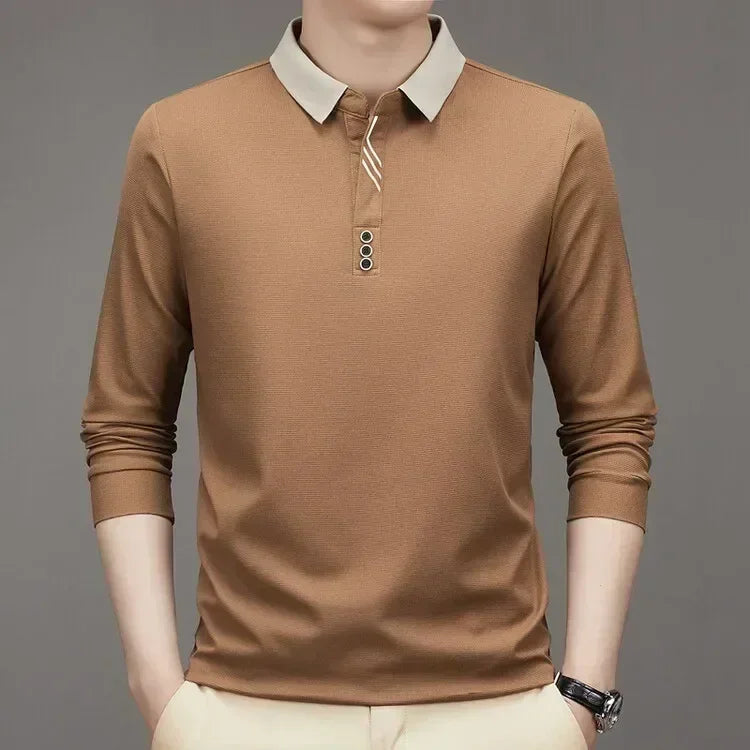 Polo masculina de manga comprida com gola virada para baixo