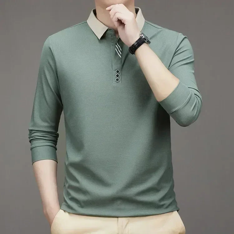 Polo masculina de manga comprida com gola virada para baixo