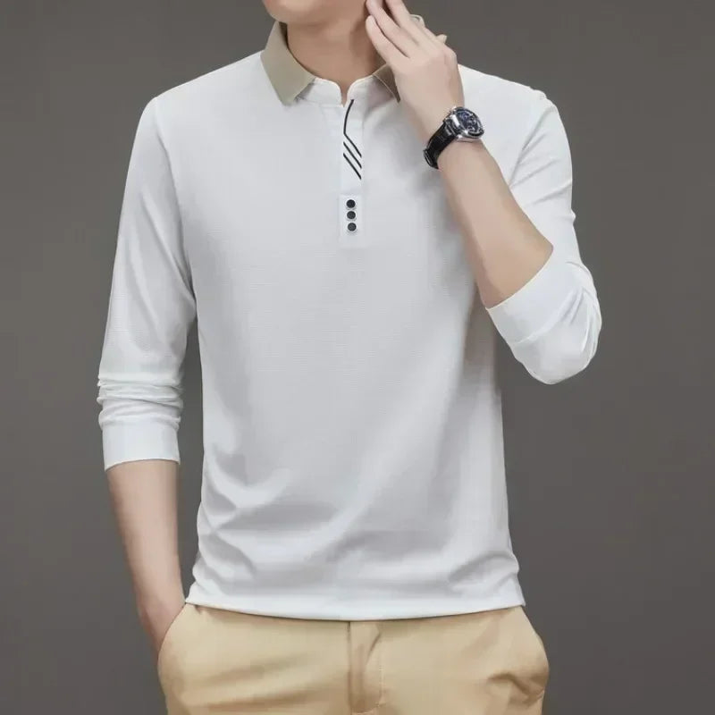 Polo masculina de manga comprida com gola virada para baixo