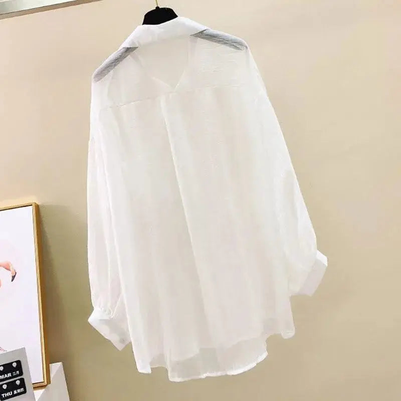 Camisa elegante perspectiva fina chiffon blusa coreano