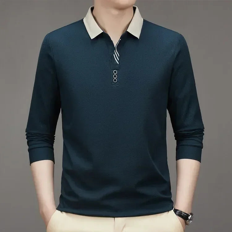 Polo masculina de manga comprida com gola virada para baixo