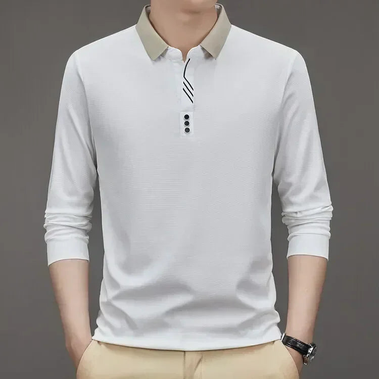 Polo masculina de manga comprida com gola virada para baixo