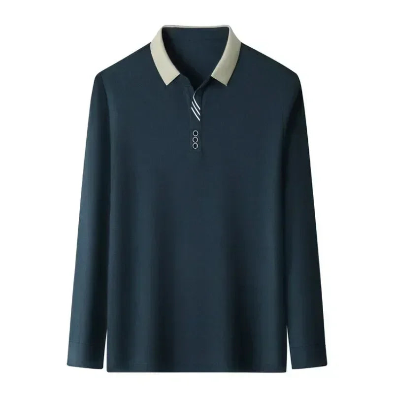 Polo masculina de manga comprida com gola virada para baixo