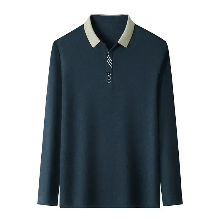 Polo masculina de manga comprida com gola virada para baixo