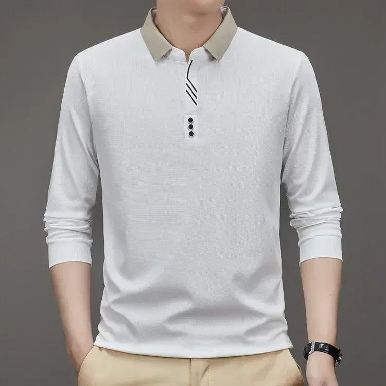 Polo masculina de manga comprida com gola virada para baixo