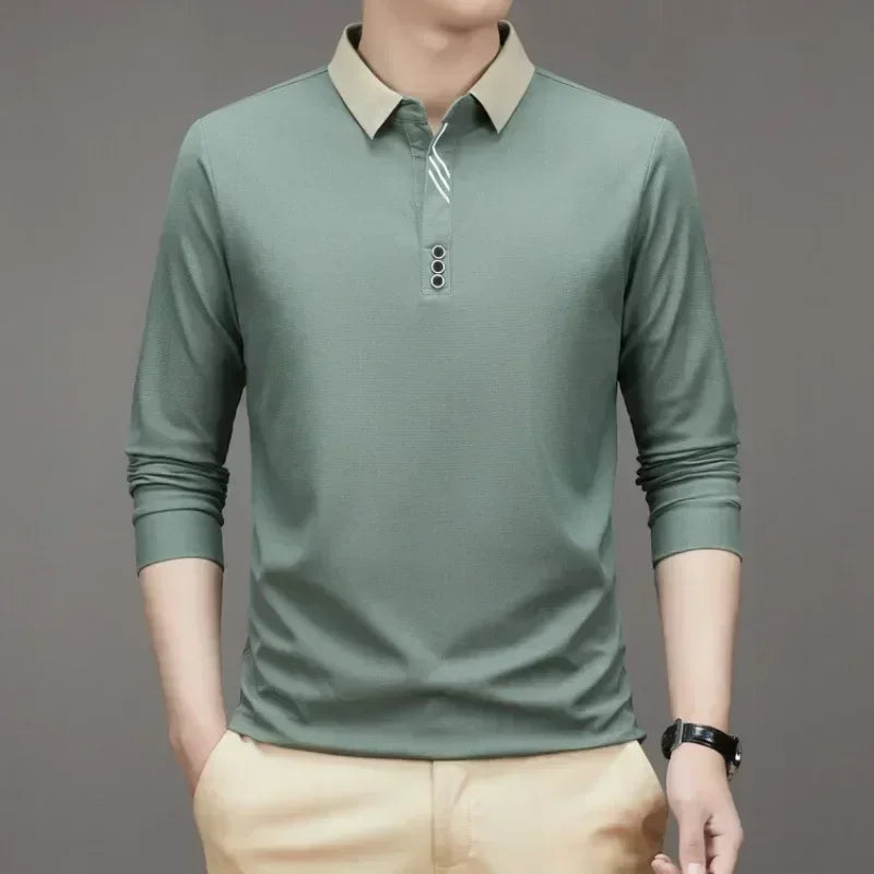 Polo masculina de manga comprida com gola virada para baixo