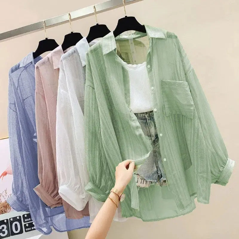 Camisa elegante perspectiva fina chiffon blusa coreano