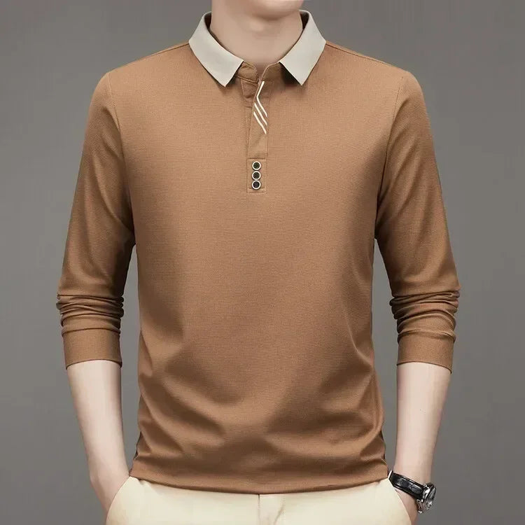 Polo masculina de manga comprida com gola virada para baixo