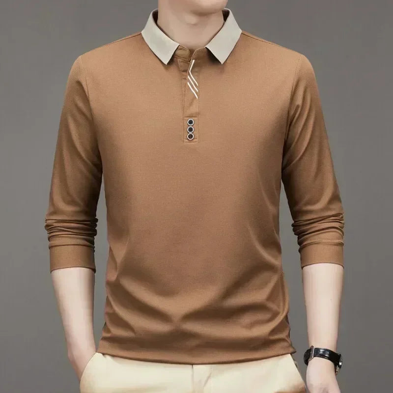 Polo masculina de manga comprida com gola virada para baixo